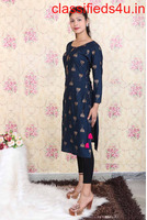 Buy Navy Blue Foil Print Kurti with Side Knot Kurti for Women Online