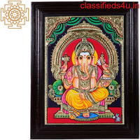 Ganesha Seated on Throne Tanjore Painting With Teakwood Frame